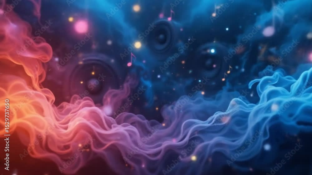 Abstract Music Video Featuring Speakers, Floating Notes, and Colorful Smoke Abstract Music Video Featuring Speakers, Floating Notes, and Colorful Smoke