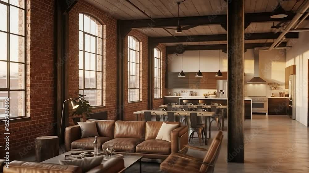 Open-Plan Loft Apartment with Exposed Brick and Leather Furniture Open-Plan Loft Apartment with Exposed Brick and Leather Furniture