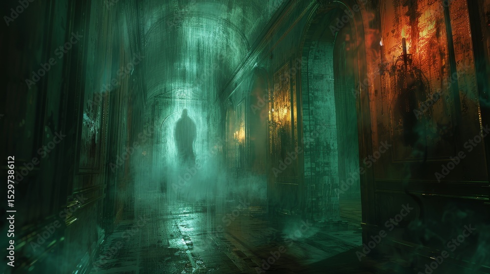 Obraz premium A hauntingly beautiful image of a foggy, abandoned hallway with dim lighting, creating an eerie and mysterious atmosphere, perfect for evoking suspense and intrigue.