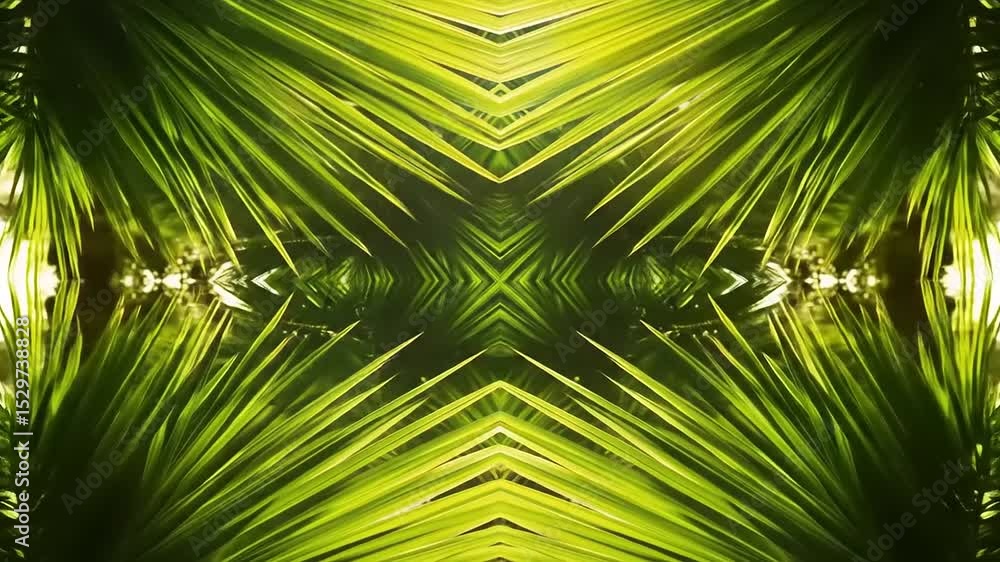 Symmetrical arrangement of vibrant green palm leaves under sunlight, creating a natural pattern Symmetrical arrangement of vibrant green palm leaves under sunlight, creating a natural pattern