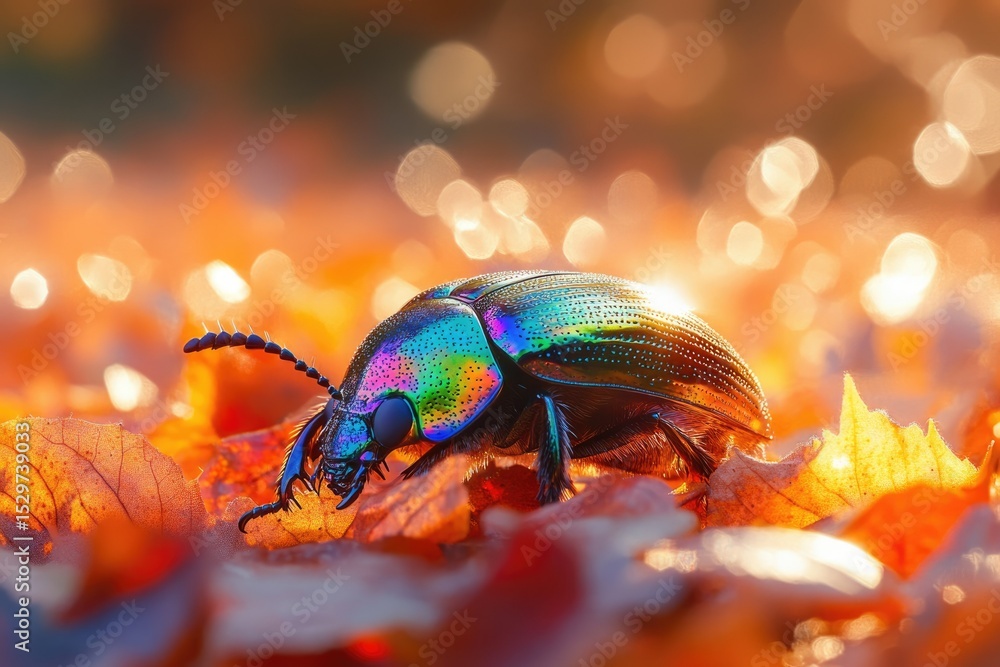 Fototapeta premium A vibrant iridescent beetle rests on autumn leaves, bathed in warm sunlight.