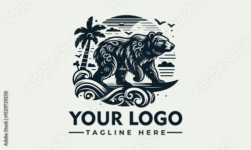 Detailed engraved illustration of a bear surfing on a wave with a sunburst and palm tree in a circular frame. Summer adventure concept