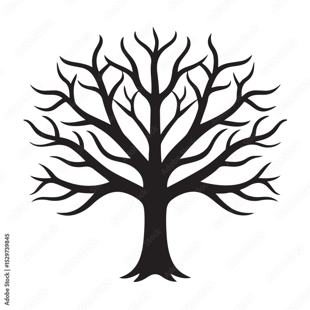 Obraz premium Silhouette of Leafless Tree with Detailed Branches on White Background