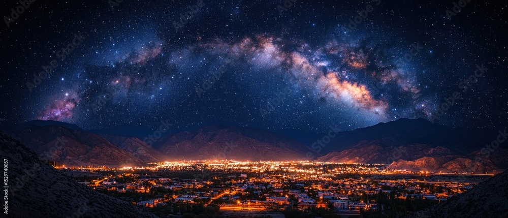 Fototapeta premium Night Sky over a City nestled in Mountains