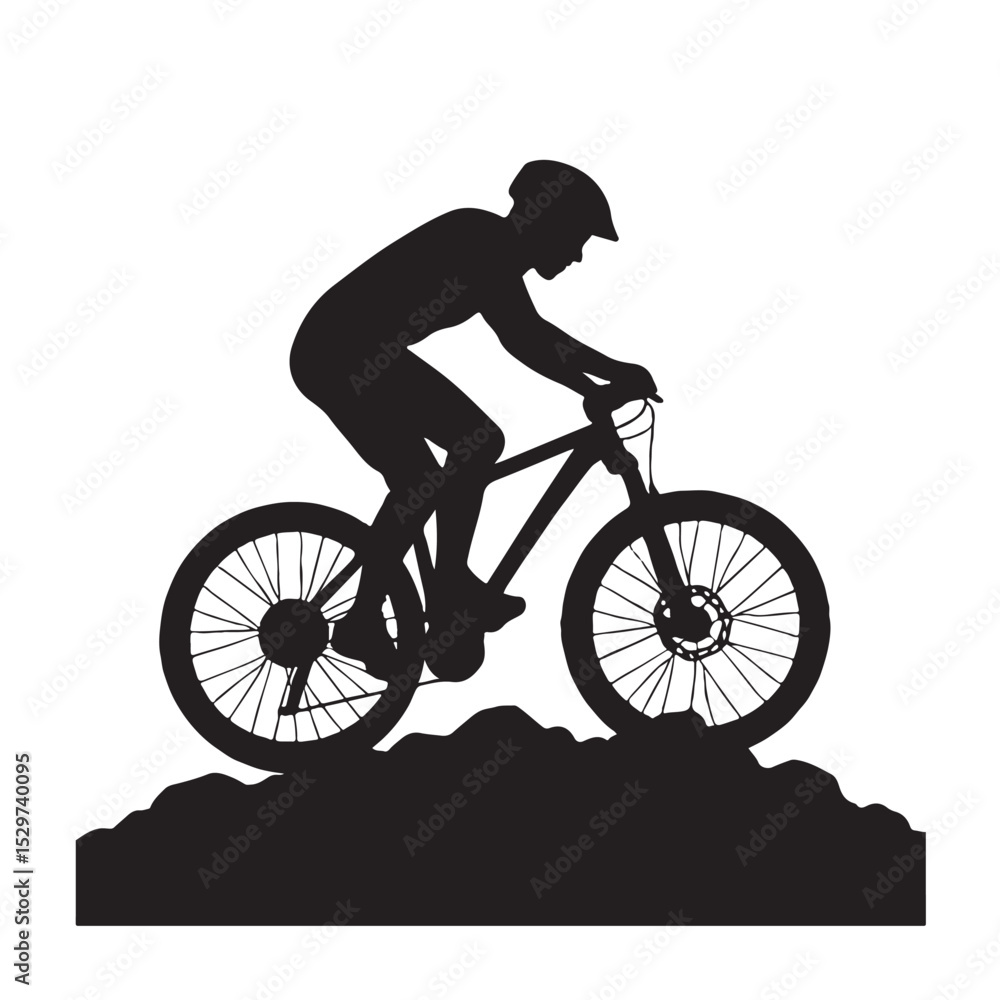 Fototapeta premium Mountain Biker Riding Up Rocky Terrain in Silhouette Vector Art