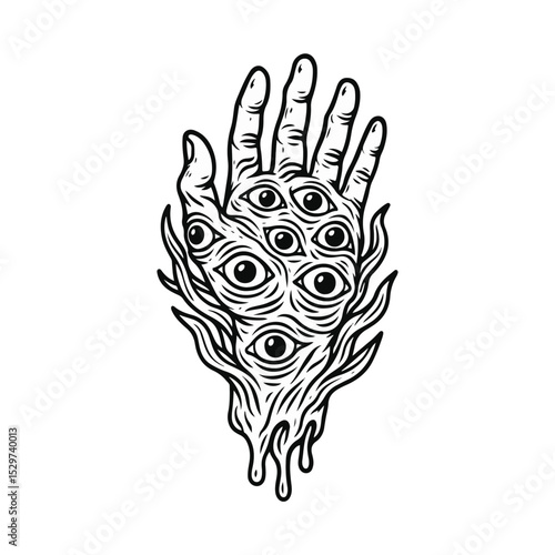 A surreal black-and-white illustration hand covered in numerous watchful eyes