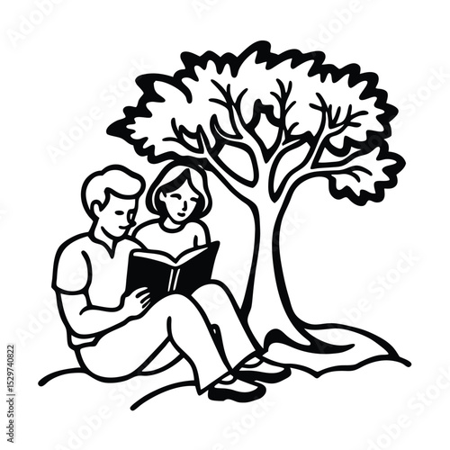 couple sitting under tree reading a book  .eps