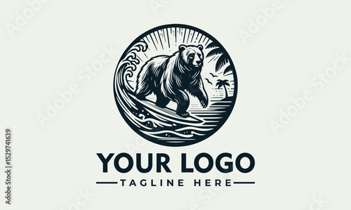 Detailed engraved illustration of a bear surfing on a wave with a sunburst and palm tree in a circular frame. Summer adventure concept