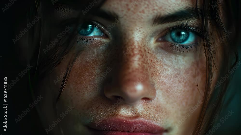 Freckled model showcases her captivating blue eyes in this cinematic close up, her gaze holding a sense of depth and allure against a subtly lit backdrop Freckled model showcases her captivating blue eyes in this cinematic close up, her gaze holding a sense of depth and allure against a subtly lit backdrop