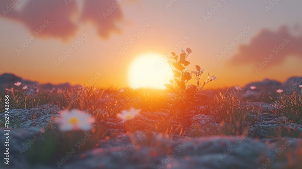 Obraz premium Sunset, small plant, wildflowers, rocky ground