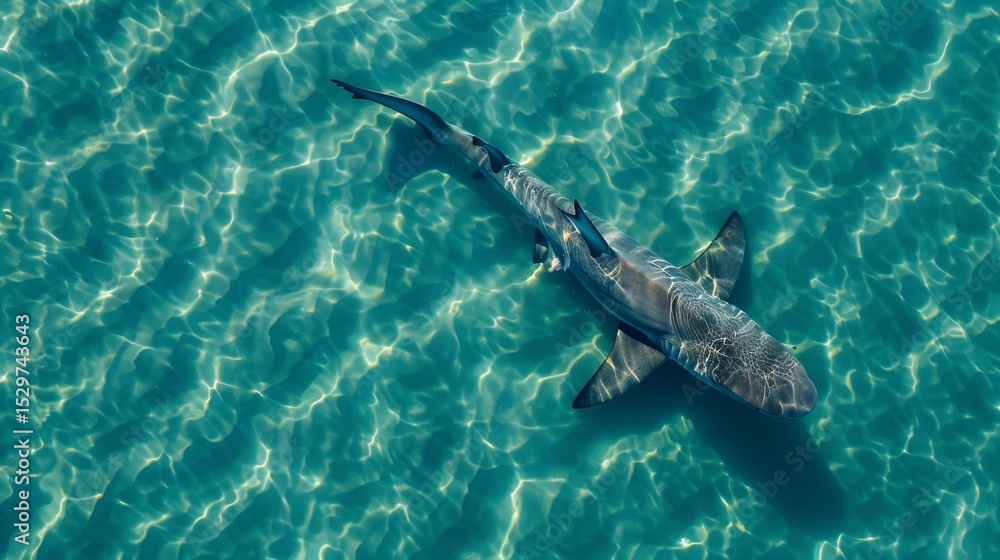 Fototapeta premium An aerial view captures a majestic shark gliding effortlessly through crystal-clear waters, epitomizing the beauty and grace of marine life in its natural habitat.