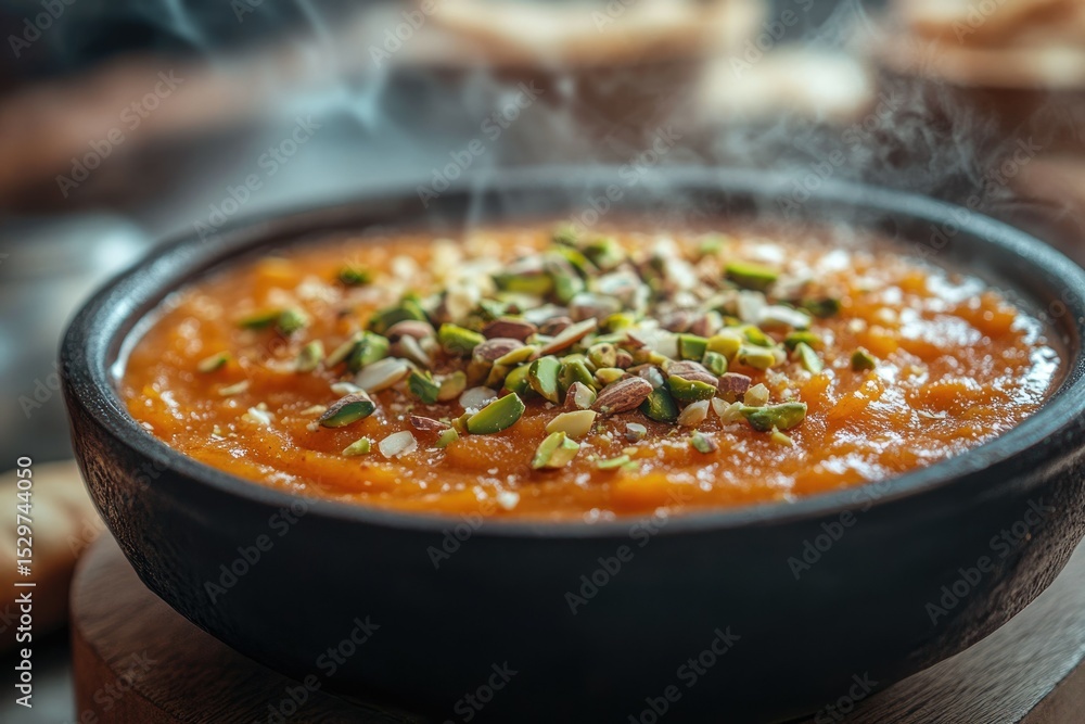 Steaming bowl of sweet pumpkin puree, topped with crunchy pistachios and almonds. Steaming bowl of sweet pumpkin puree, topped with crunchy pistachios and almonds.