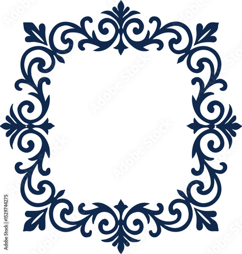 Decorative frame with floral ornament dark blue ornate arabesque frame, isolated on white, vector