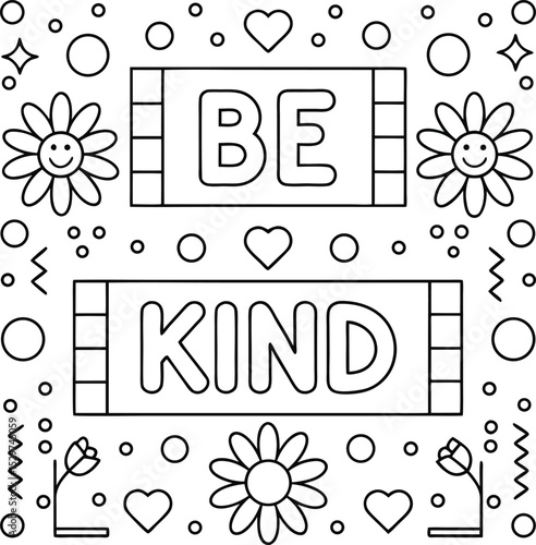 Black line art with Be Kind message, floral icons, shapes and hearts on transparent