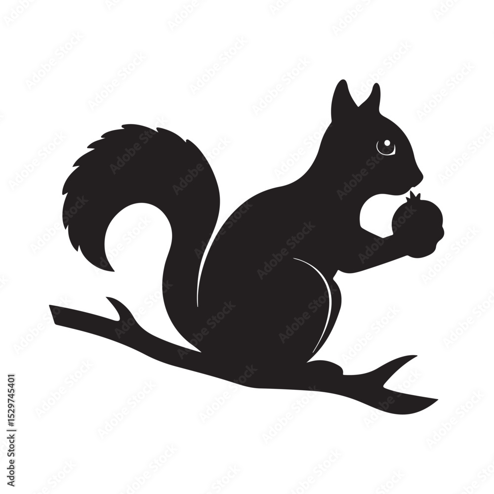 Obraz premium Cute Squirrel Sitting on Branch Holding Nut Silhouette Icon
