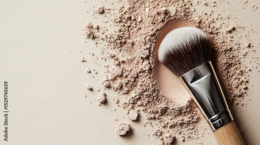 Obraz Soft-toned background showcasing a makeup brush and scattered loose powder in an elegant flat lay
