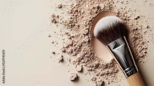 Obraz Soft-toned background showcasing a makeup brush and scattered loose powder in an elegant flat lay