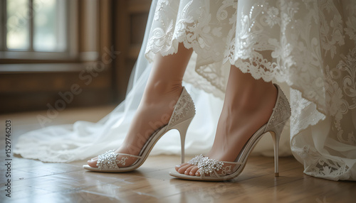 Legs of the bride in wedding elegant high-heeled shoes. Wedding day concept. Generated by artificial intelligence