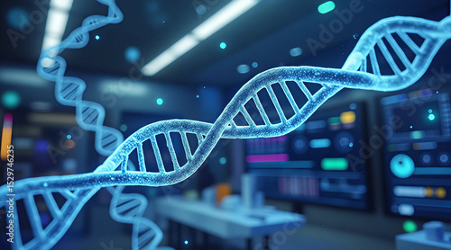  Glowing Blue DNA Helix in Modern Laboratory Setting with Digital Panels.