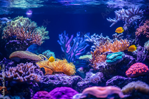 Underwater scene with colorful corals and fish in a vibrant aquarium environment display tank setting