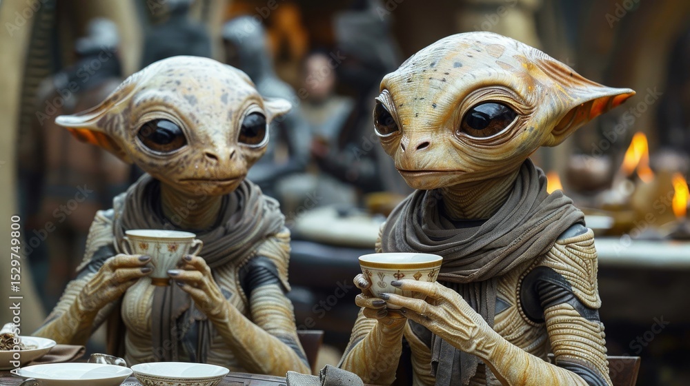 Obraz premium Two extraterrestrial beings depicted in a cozy setting, engaged in a serene moment over tea, blending science fiction with a sense of camaraderie and culture.