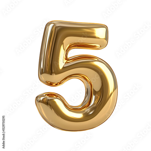 3D Illustration of a Shiny Gold Number 5 with Soft Curves and Elegant Light Reflection on a Pure White Setting