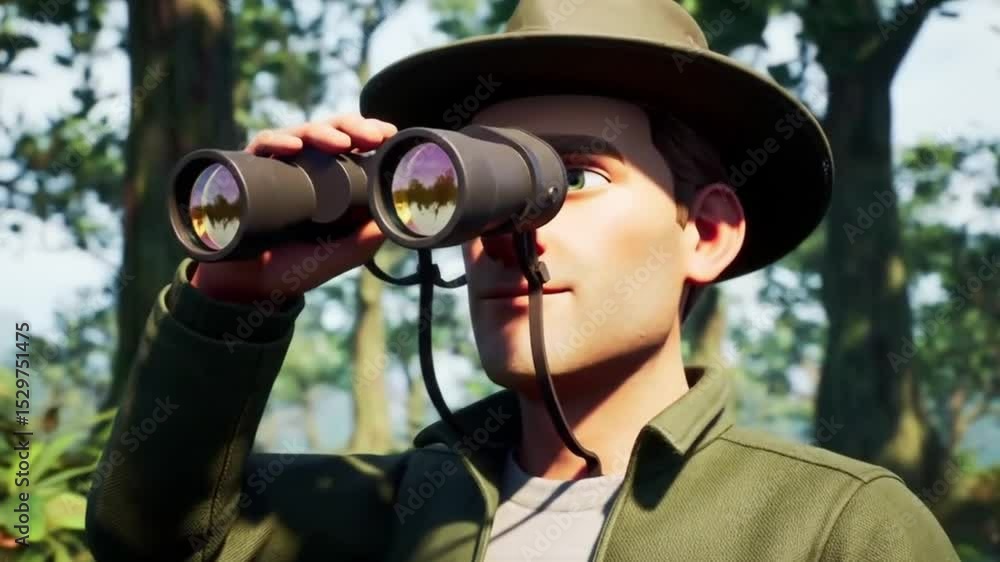3D animation video of a man with binoculars, forest ranger, jungle explorer, mountain hiker, in nature, advertising video of nature, environment, intro video 3D animation video of a man with binoculars, forest ranger, jungle explorer, mountain hiker, in nature, advertising video of nature, environment, intro video