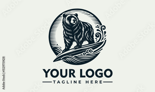 Detailed engraved illustration of a bear surfing on a wave with a sunburst and palm tree in a circular frame. Summer adventure concept