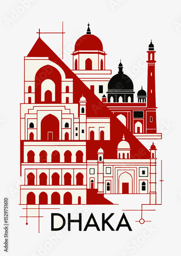 Wallpaper Mural Abstract Illustration of Iconic Dhaka Architectural Landmarks in Red and Black Colors. Torontodigital.ca