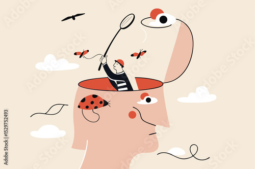 Distraction, social media or environment that disturb and cannot focus on work, unproductive lifestyle concept, human head with himself losing focus and attention distracted by bugs flying around.