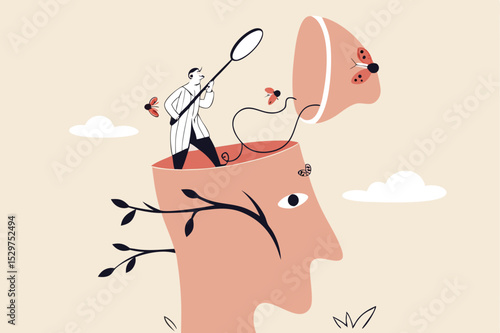 Distraction, social media or environment that disturb and cannot focus on work, unproductive lifestyle concept, human head with himself losing focus and attention distracted by bugs flying around.