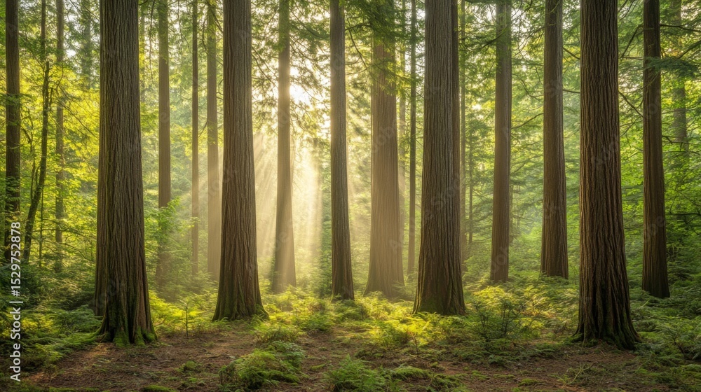 Obraz premium Sunlit Forest Scene With Tall Trees And Lush Undergrowth