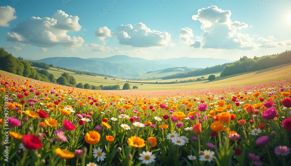 Colorful Field of Wildflowers Blooming Under a Blue Sky with Clouds Colorful Field of Wildflowers Blooming Under a Blue Sky with Clouds