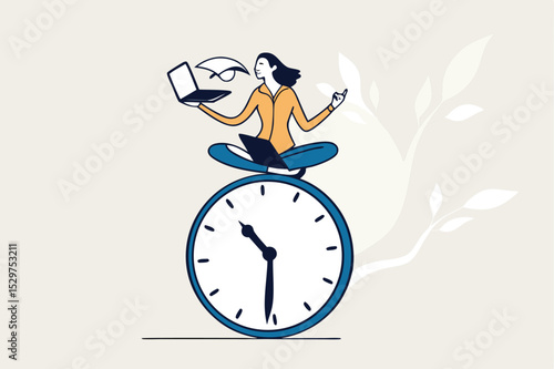 Flexible working hours, work life balance or focus and time management while working from home concept, young lady woman working with laptop while doing yoga or meditation on clock face.