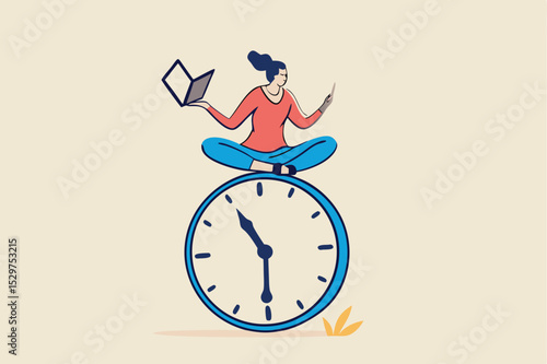 Flexible working hours, work life balance or focus and time management while working from home concept, young lady woman working with laptop while doing yoga or meditation on clock face.