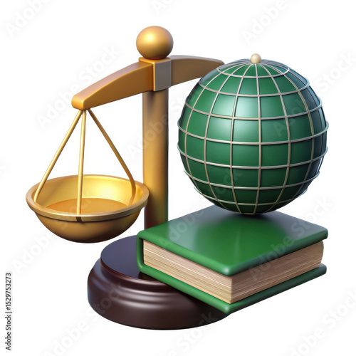 3d scales of justice globe and book isolated on white background