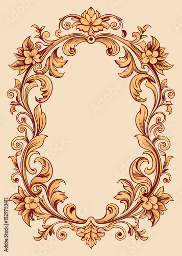 Vintage Ornate Oval Frame with Baroque Floral Scrollwork on Cream Background