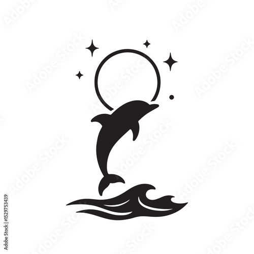 Dolphin Jumping Through Hoop with Stars Over Ocean Waves