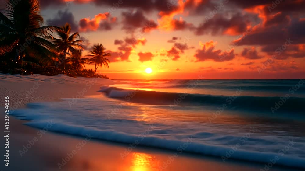 Serene sunset over a tropical beach with palm trees and gentle waves reflecting golden hues Serene sunset over a tropical beach with palm trees and gentle waves reflecting golden hues