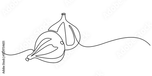 Abstract fig fruit with leaves, Continuous one line drawing isolated on white background, Continuous one single minimal line drawing Figs fruit, Single one line drawing whole healthy organic figs pro.