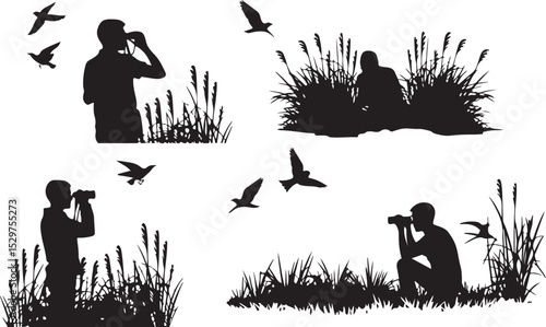 
Silhouettes of Birdwatchers and Duck Blinds in Wetlands