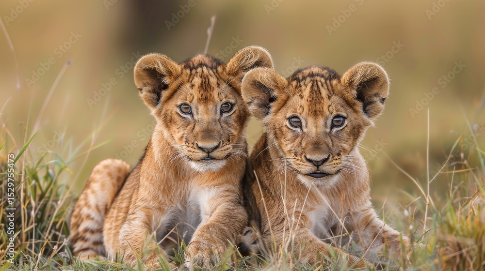 This captivating image features two adorable lion cubs lounging together, highlighting their playful expressions and the beauty of wildlife in their natural grassy surroundings. This captivating image features two adorable lion cubs lounging together, highlighting their playful expressions and the beauty of wildlife in their natural grassy surroundings.