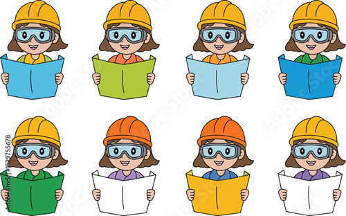 Cartoon female construction workers reading blueprints wearing hard hats and safety goggles