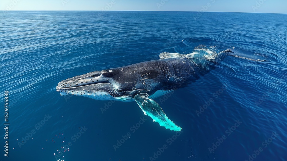 Naklejka premium A majestic whale gliding through a crystal-clear ocean, showcasing the beauty and grandeur of marine life in its natural habitat, inspiring awe and appreciation for nature.
