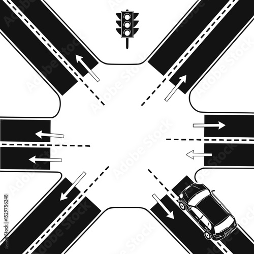 Road intersection traffic layout with signals and directional arrows  