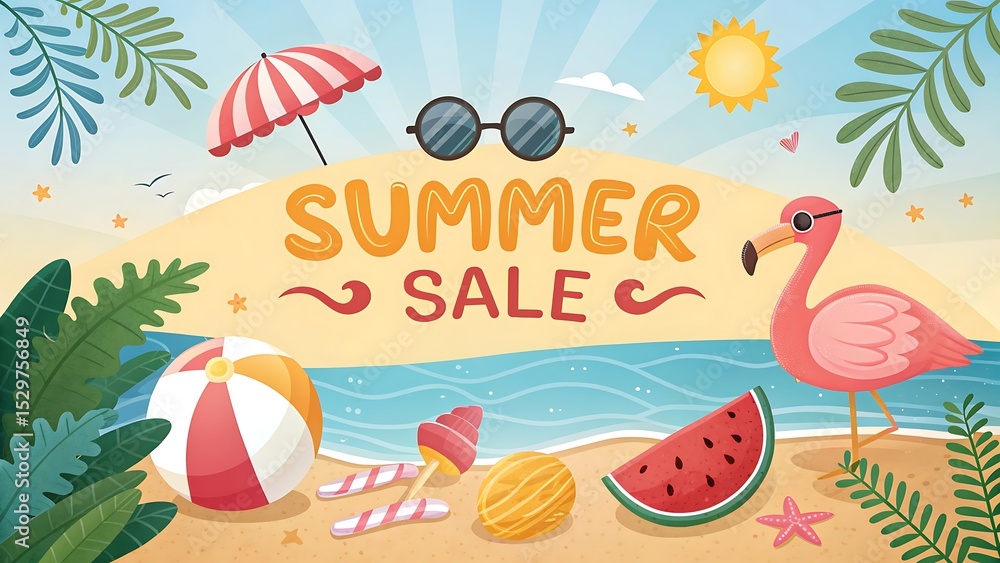 Naklejka premium Vibrant Summer Sale Scene: A cheerful illustration showcasing a summer sale scene with beach elements like sunglasses, watermelon, beach ball, flamingo, ice cream, sun umbrella, sun.
