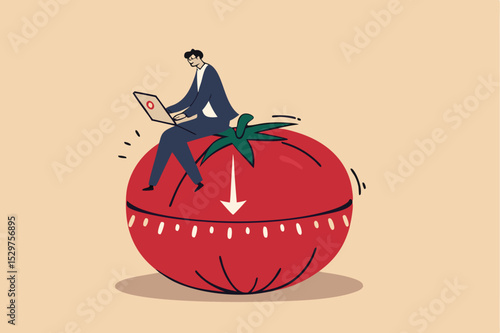 Pomodoro technique to increase work productivity, set timer to focus work and break or rest concept, smart businessman focus on working with laptop computer sitting on Pomodoro tomato timer stopwatch.