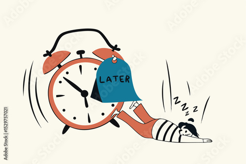 Procrastination do it later, postpone to work tomorrow, unproductive and excuse concept, lazy man sleeping with no clue to wake up with big sticky note written the word later on alarm clock.