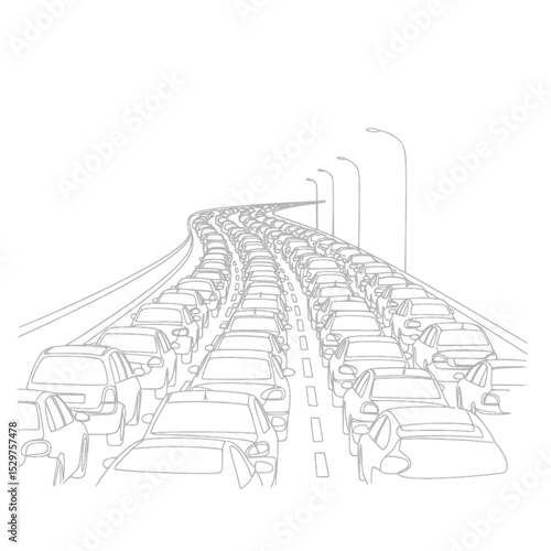 Continuous line illustration of cars in traffic jam on highway  