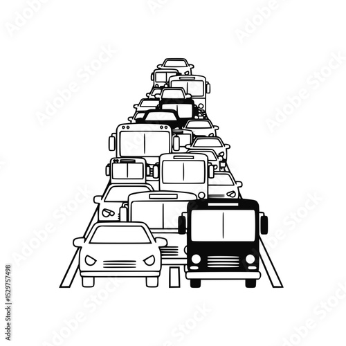 Traffic jam with various vehicles on busy road in black and white  